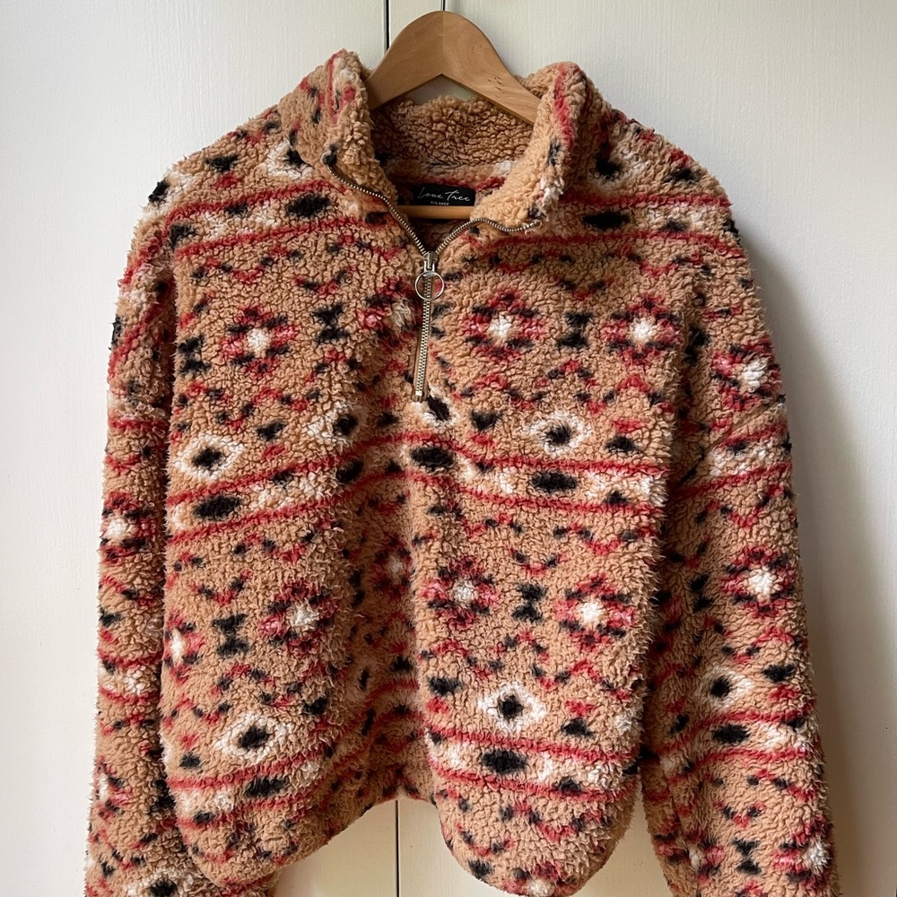 Tan and Red Cowl Neck Sweater with Geometric Pattern